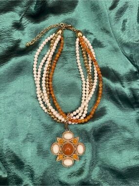 Vtg Carol Dauplaise Necklace Signed Large Gold Tone Abstract Floral Starburst